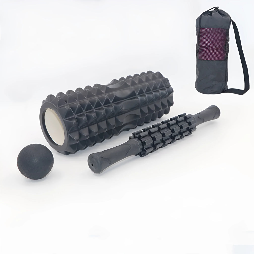 Black 33cm long fitness foam roller with six segmented pieces on a plain background.