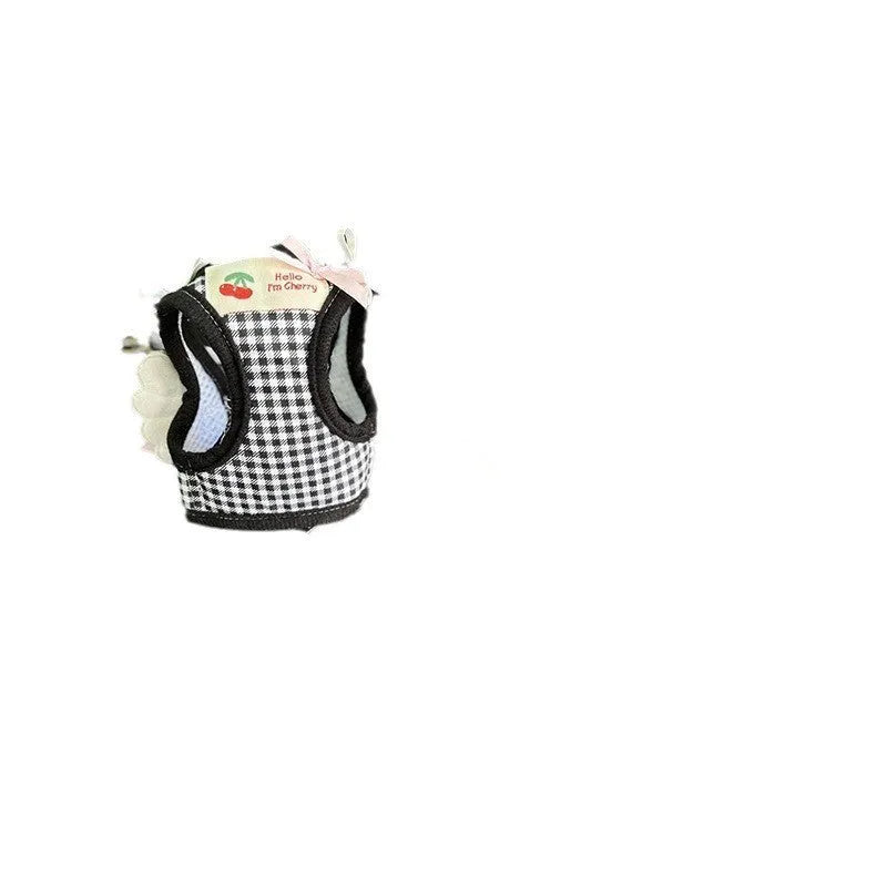 Small dog harness with chest and back attachment points in cotton fabric, pink or black colour options