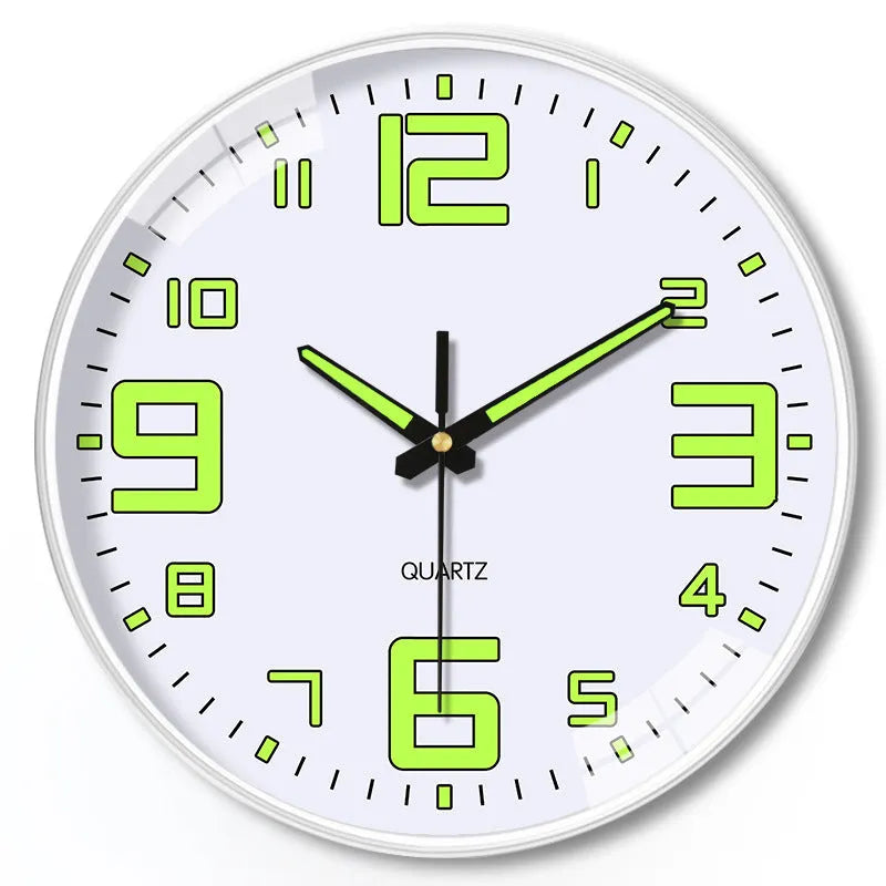 20cm modern luminous wall clock with plastic shell on a wall.