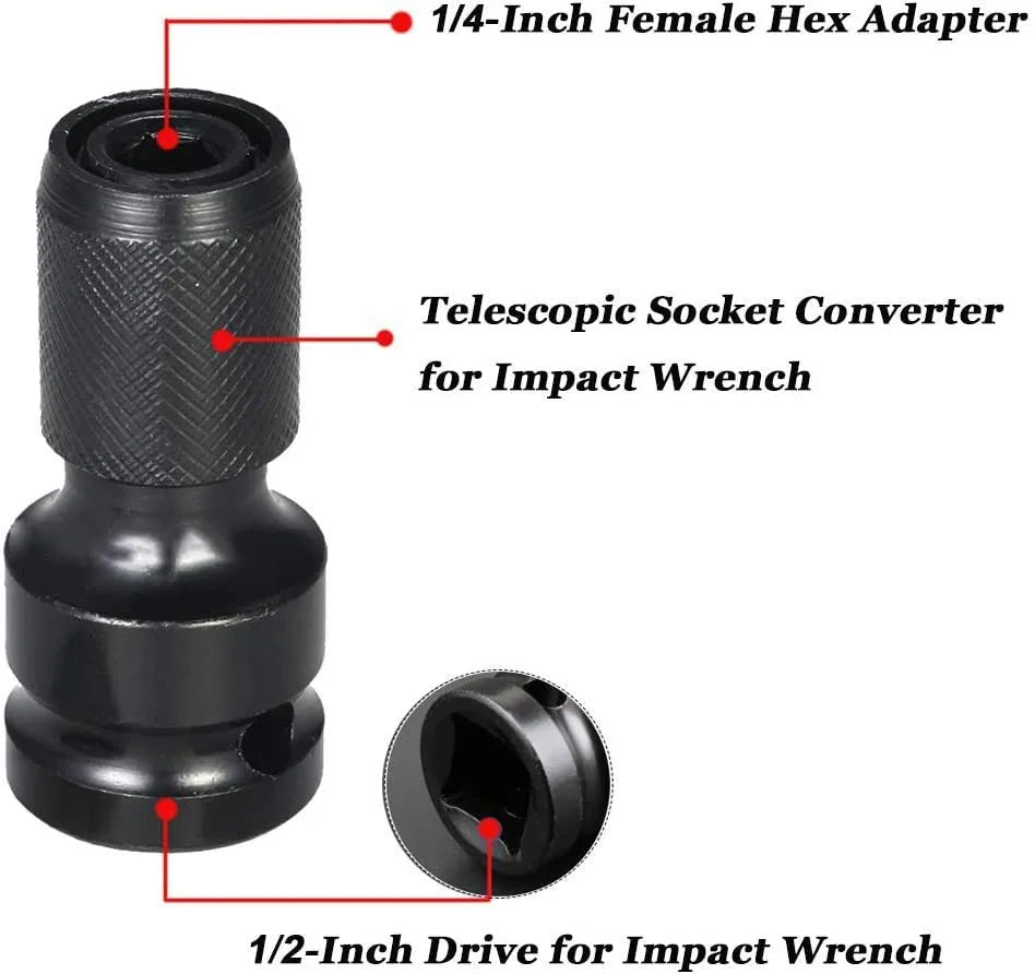 Square turn hexagonal handle telescopic scaling bit holder for electric wrenches converting between 1/4 and 1/2 inch drive sizes.