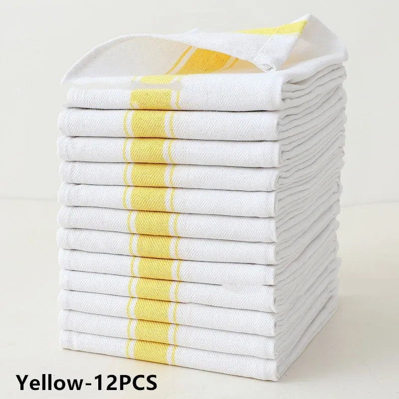 Set of twelve striped cotton dish towels in various colours, each measuring 48 by 70 centimetres.