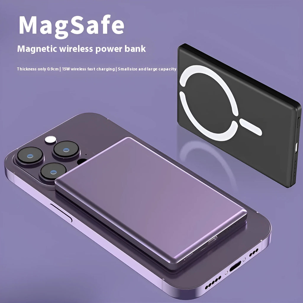 Ultra-thin magnetic power bank in dark grey silver black or violet colours with alloy casing