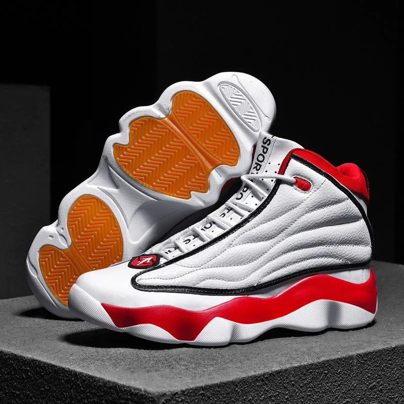 Men's high-top mesh basketball shoes with thick rubber sole in AJ13 white red colourway