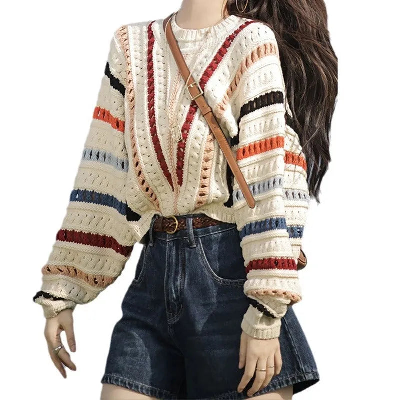 Rainbow striped loose pullover sweater with hollow knit texture and batwing sleeves