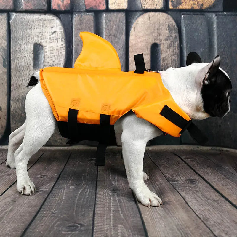 Shark dog life vest in blue or orange cloth with buckle, sizes XS to XXL
