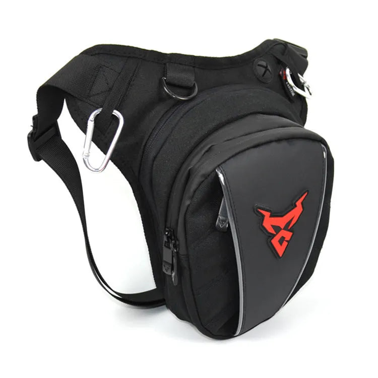 Motorcycle leg bag in 1200D Oxford cloth shown with adjustable straps for crossbody, waist, or shoulder wear.