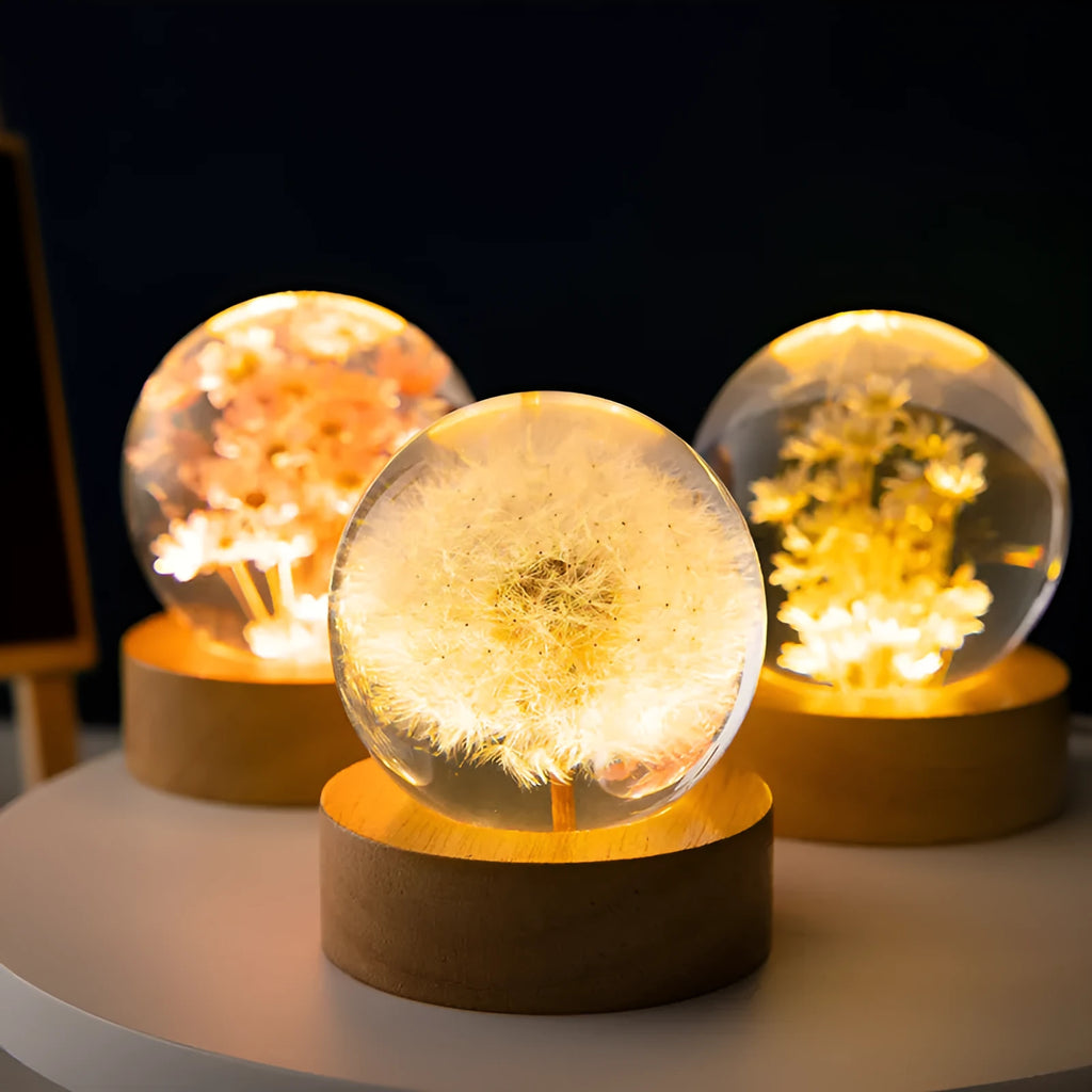 Clear resin ball night light with a dandelion inside on a beech wood base.