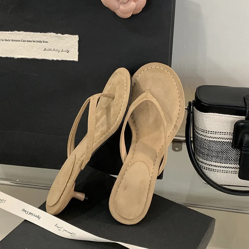 Women's round toe stiletto flip-flop sandals in black or camel colours