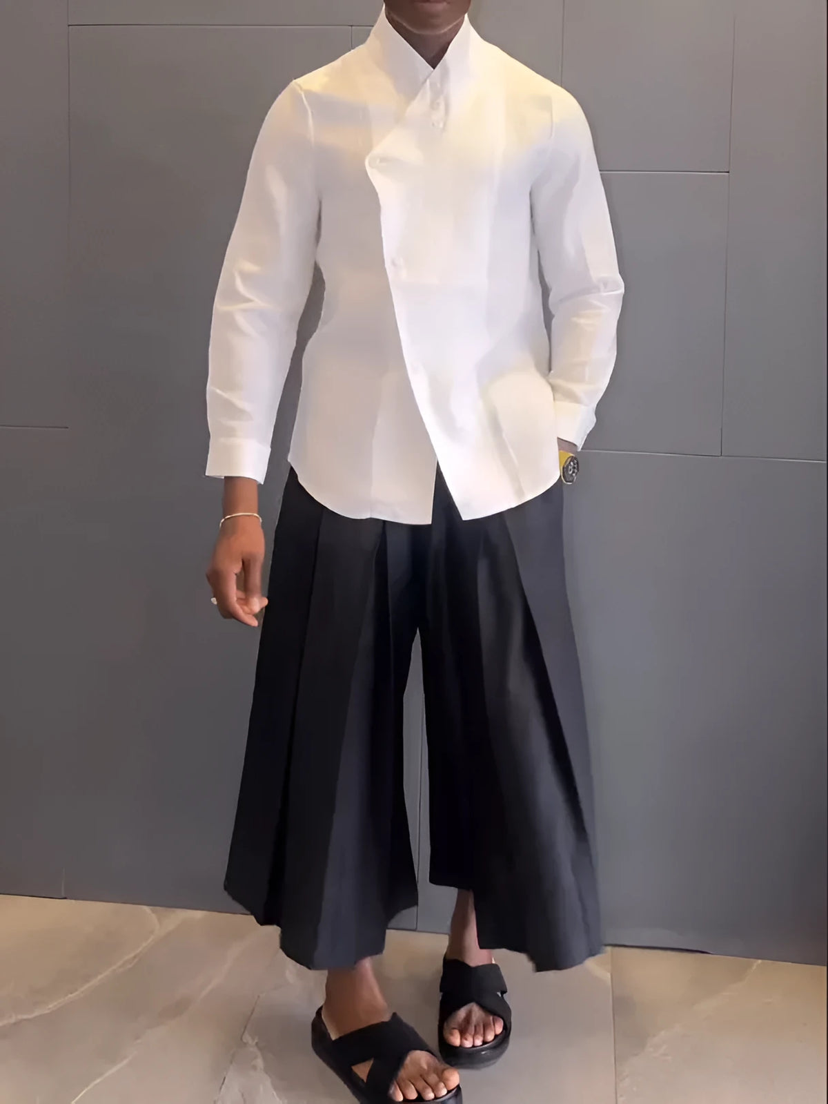 White asymmetric front long sleeve shirt with black pleated trousers casual set