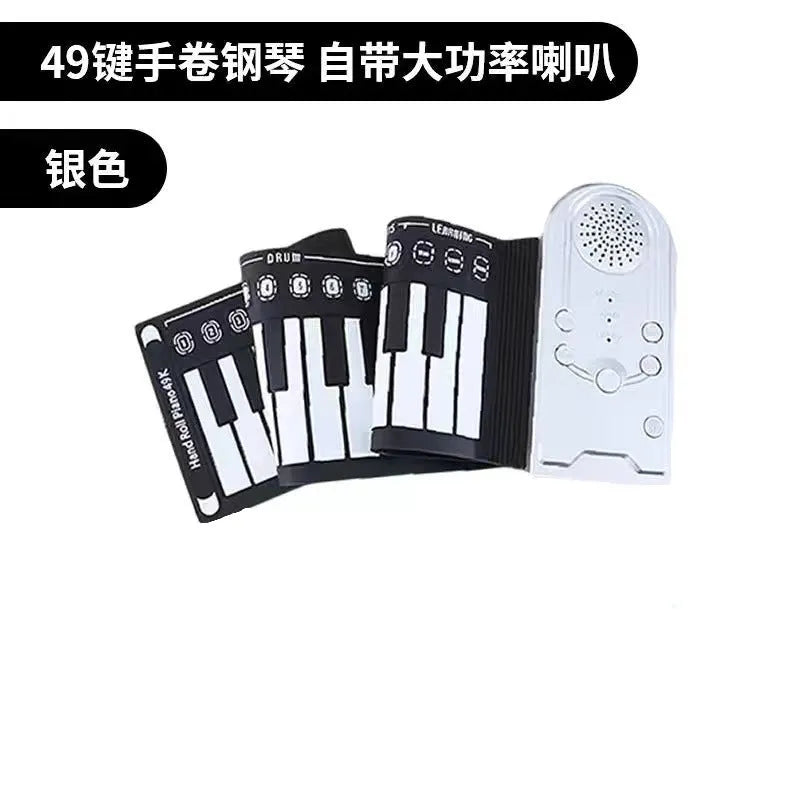 49-key portable folding electronic keyboard in gloss black, showing folded and unfolded positions