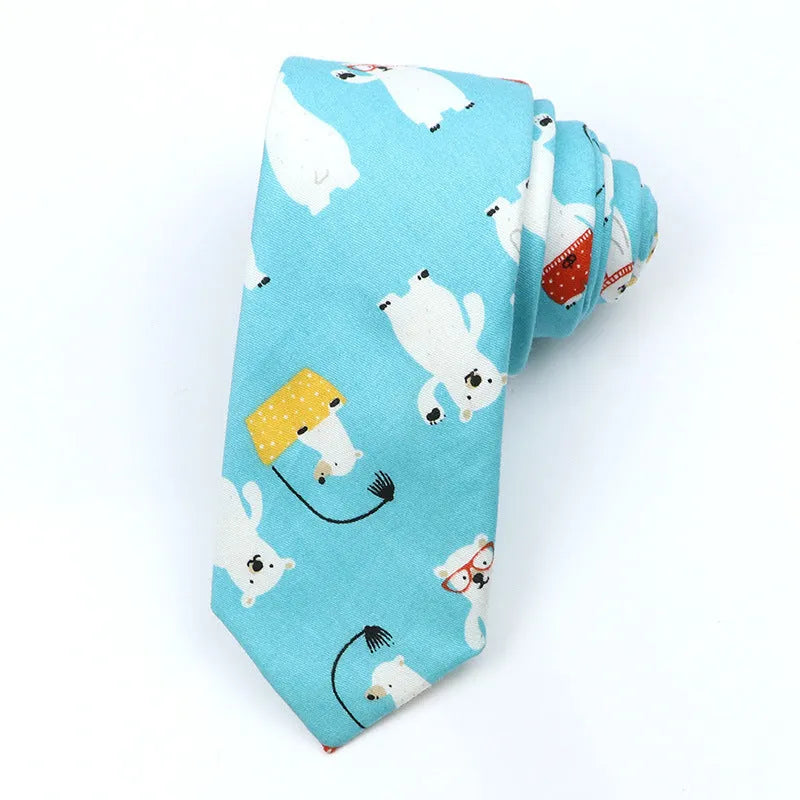 Narrow Korean-style cotton bow tie featuring a colourful cartoon print pattern.