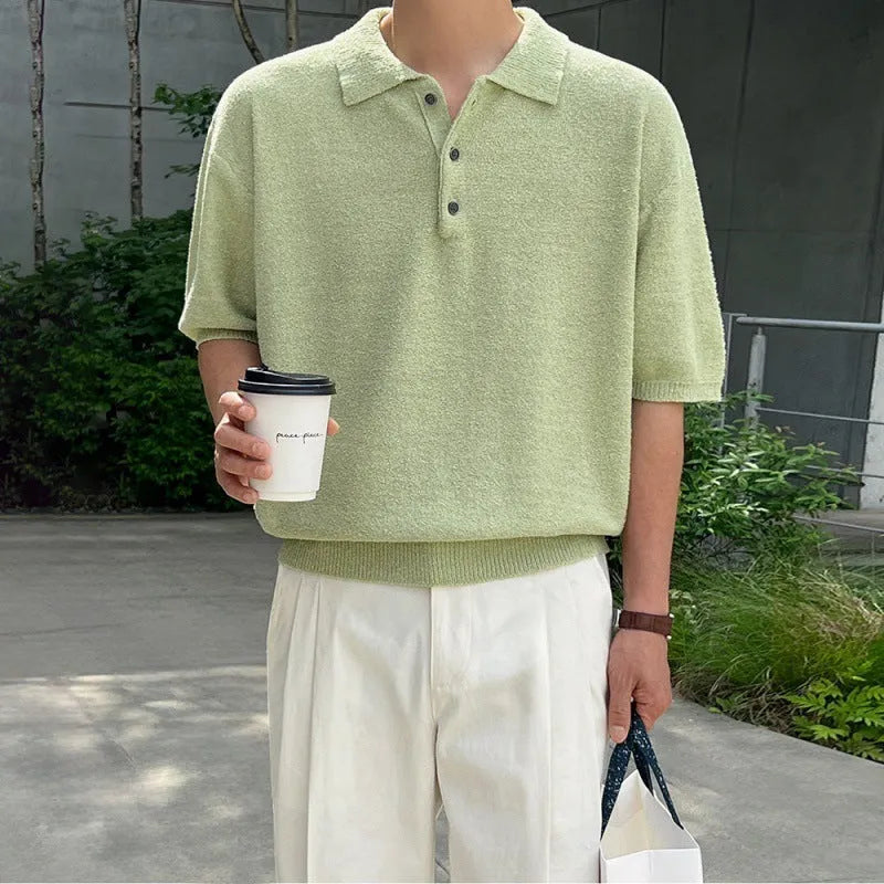 Men's retro knitted polo shirt in caramel colour with short sleeves and asymmetric styling detail