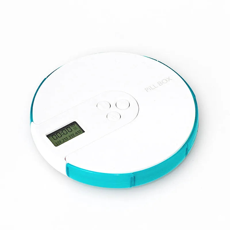 Blue 7-compartment alarm clock pill dispenser showing time display and medication slots