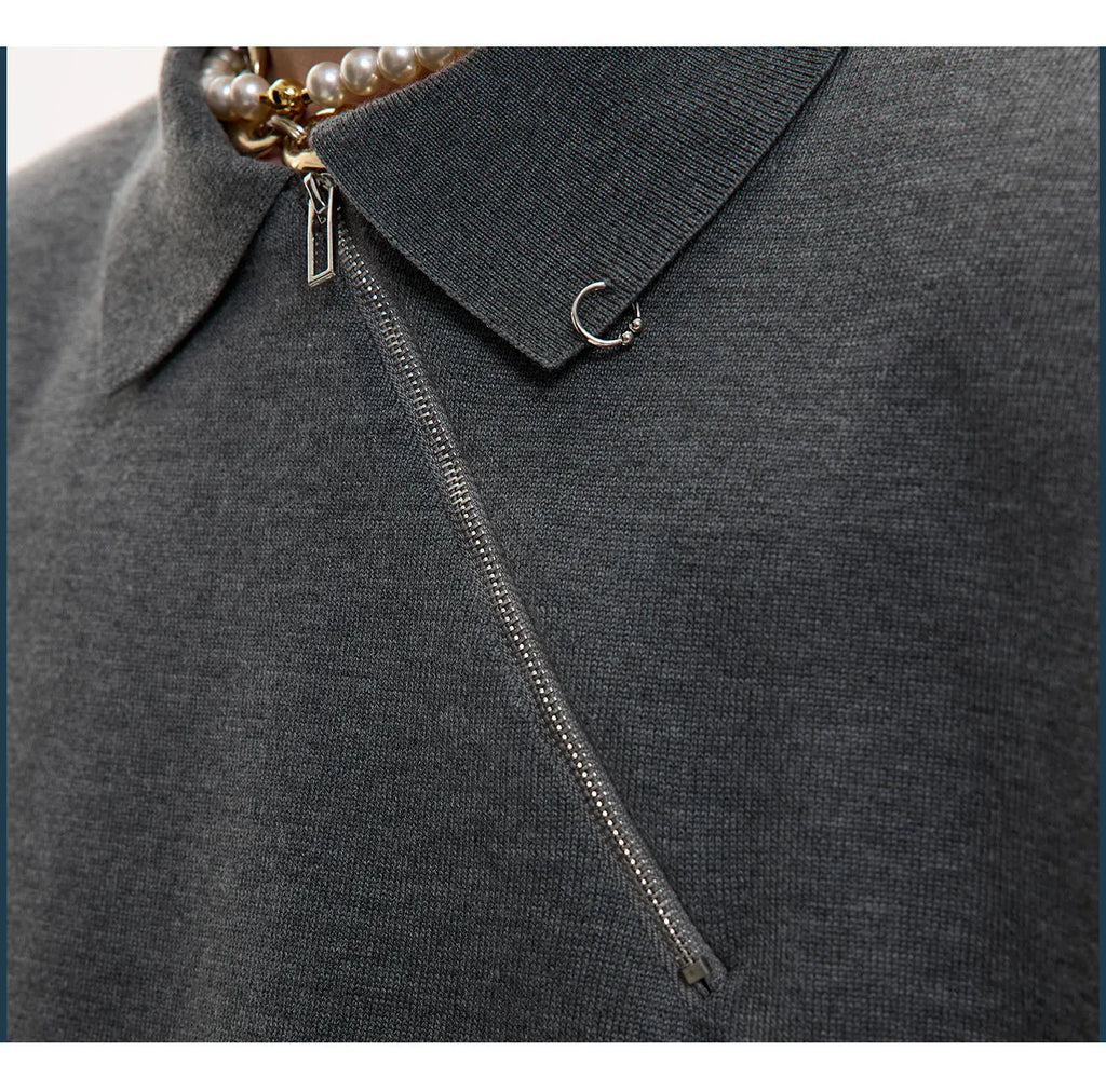 Men's slim-fit knitted polo shirt with oblique zipper collar and ice-feeling polyester fabric in black colour