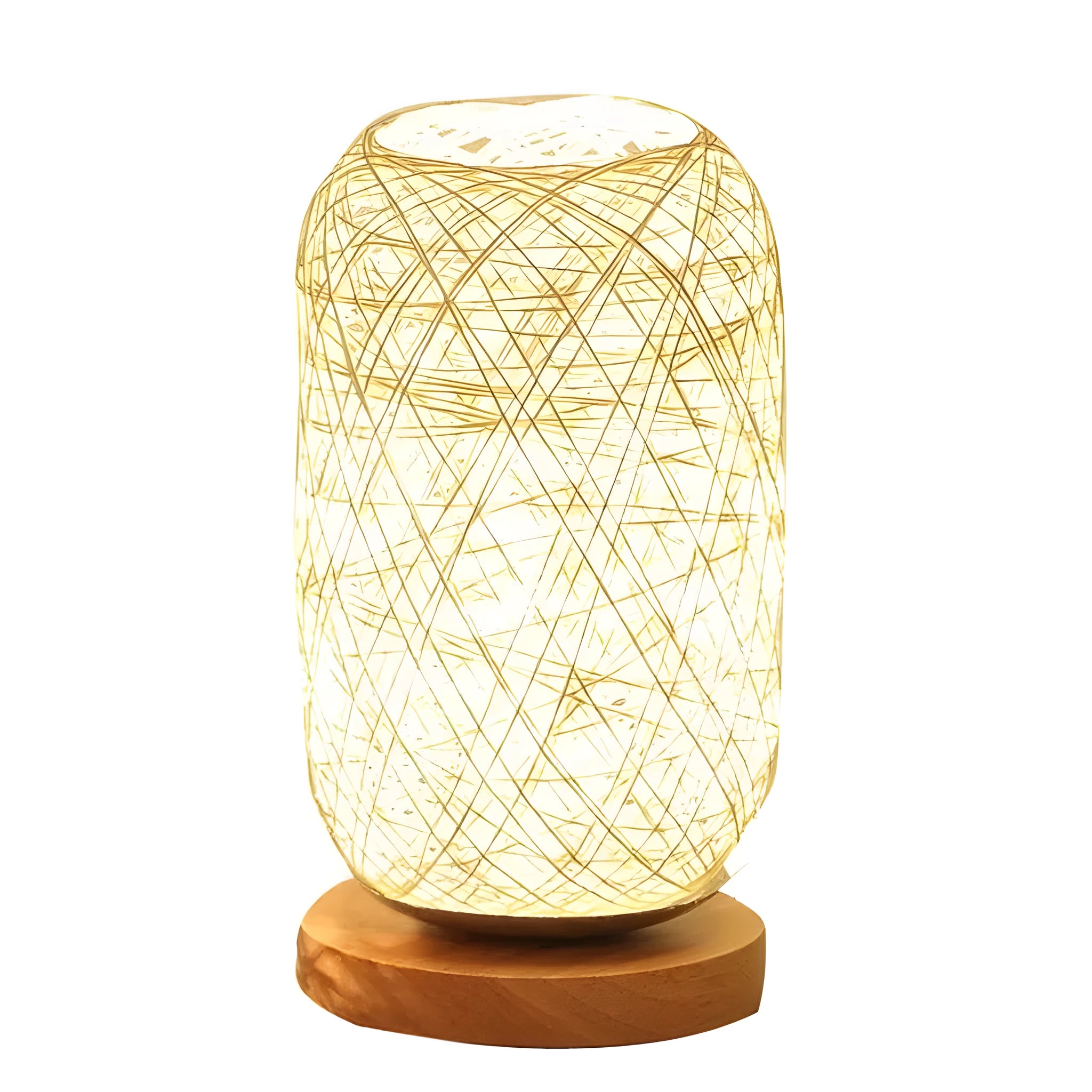 Brown hemp rope Sepak Takraw desk lamp on wooden base with woven sphere design