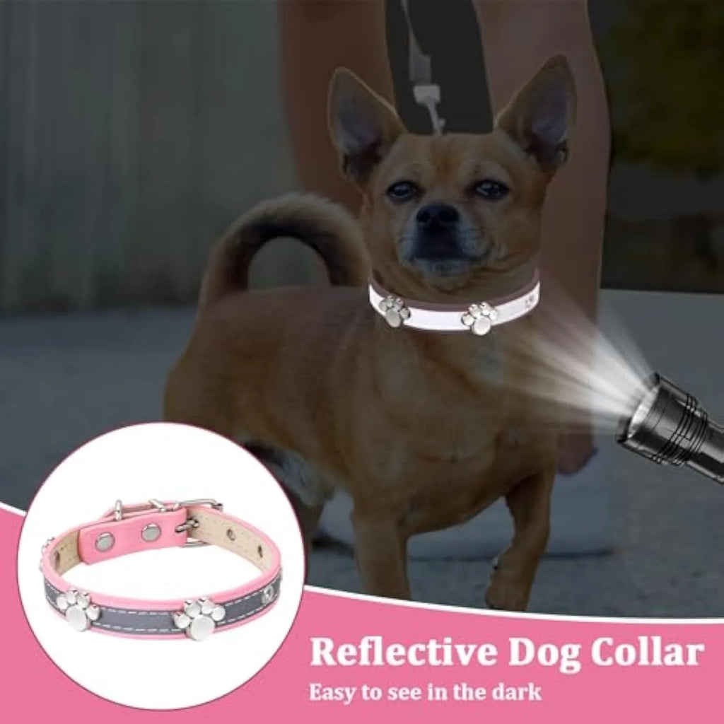 Reflective adjustable PU leather dog collar with a metal buckle and decorative paw rivet.