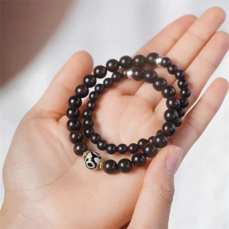 Ebony Tibet beads bracelet with 8mm wooden beads in two-circle retro design