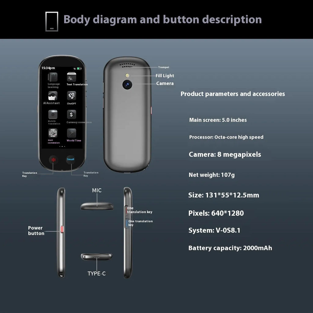 Black multi-language simultaneous interpretation translator for business with lanyard and charging cable