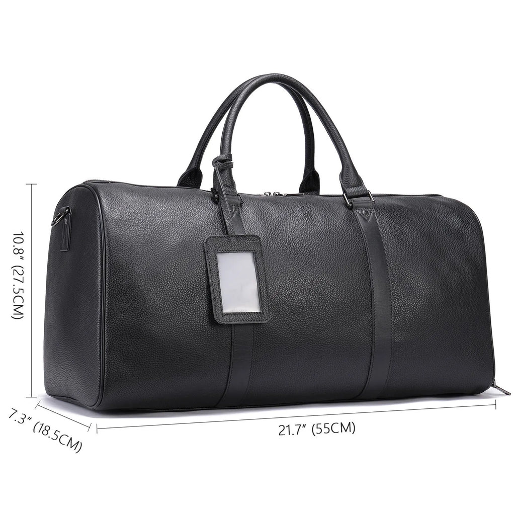 Men's black leather tote bag with single shoulder strap showing 44cm length dimension