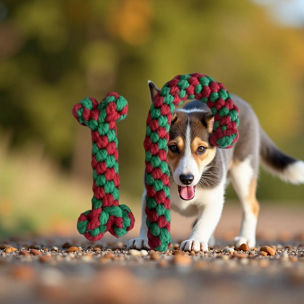 Christmas cotton rope dog toy set with red and green candy cane, bone and Christmas tree shapes for small and medium dogs.