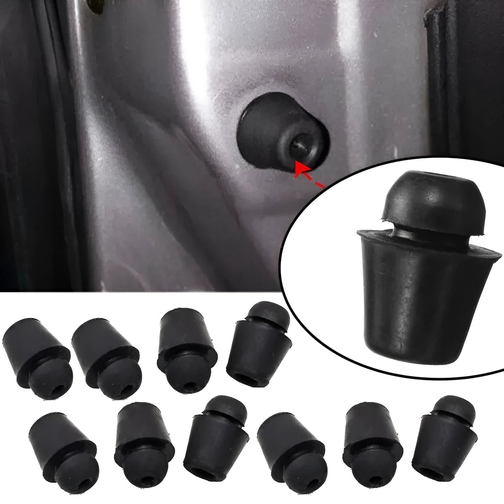Ten black rubber automotive buffer clips for universal vehicle panel damping