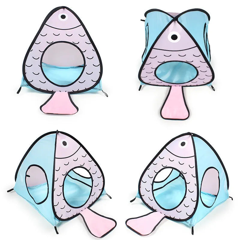 Foldable pet tent cat tunnel play set with cat and fish design motif