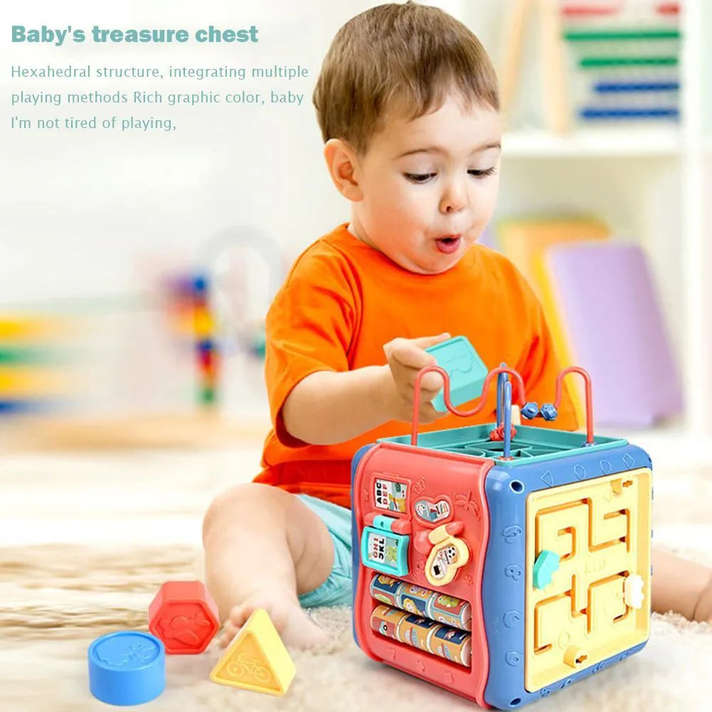 Baby hexahedron educational toy with six activity sides including bead maze and gear games