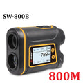 Handheld golf laser rangefinder distance meter showing LCD display with measurement readings