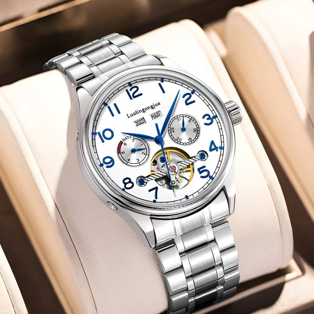 Men's stainless steel mechanical watch with sapphire crystal and leather strap on wrist