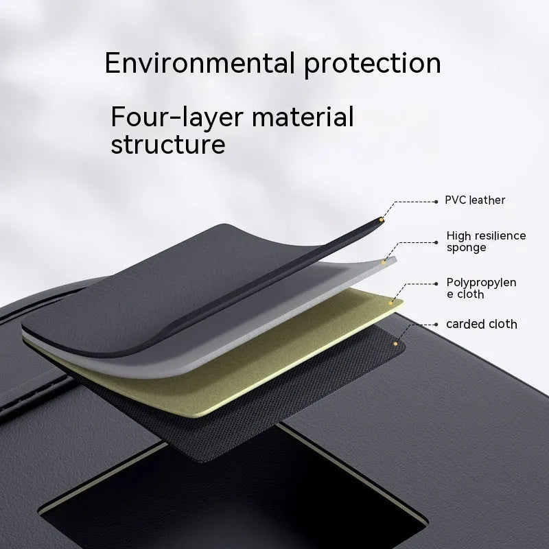 Black leather car seat back hanging storage bag with a handle, shown in large and small sizes for buggy organisation.