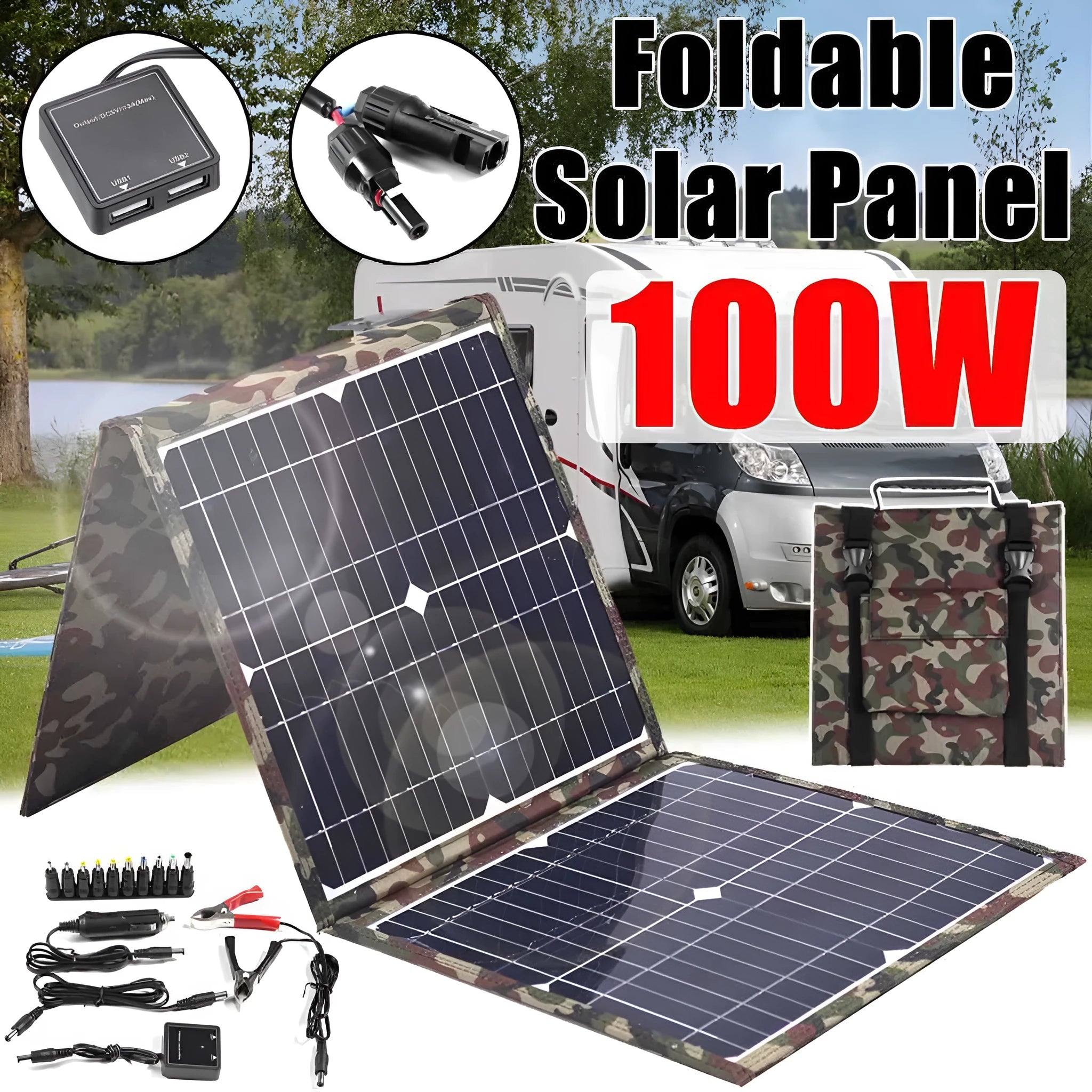 Black foldable 36W solar panel open showing three monocrystalline silicon cells with charging accessories