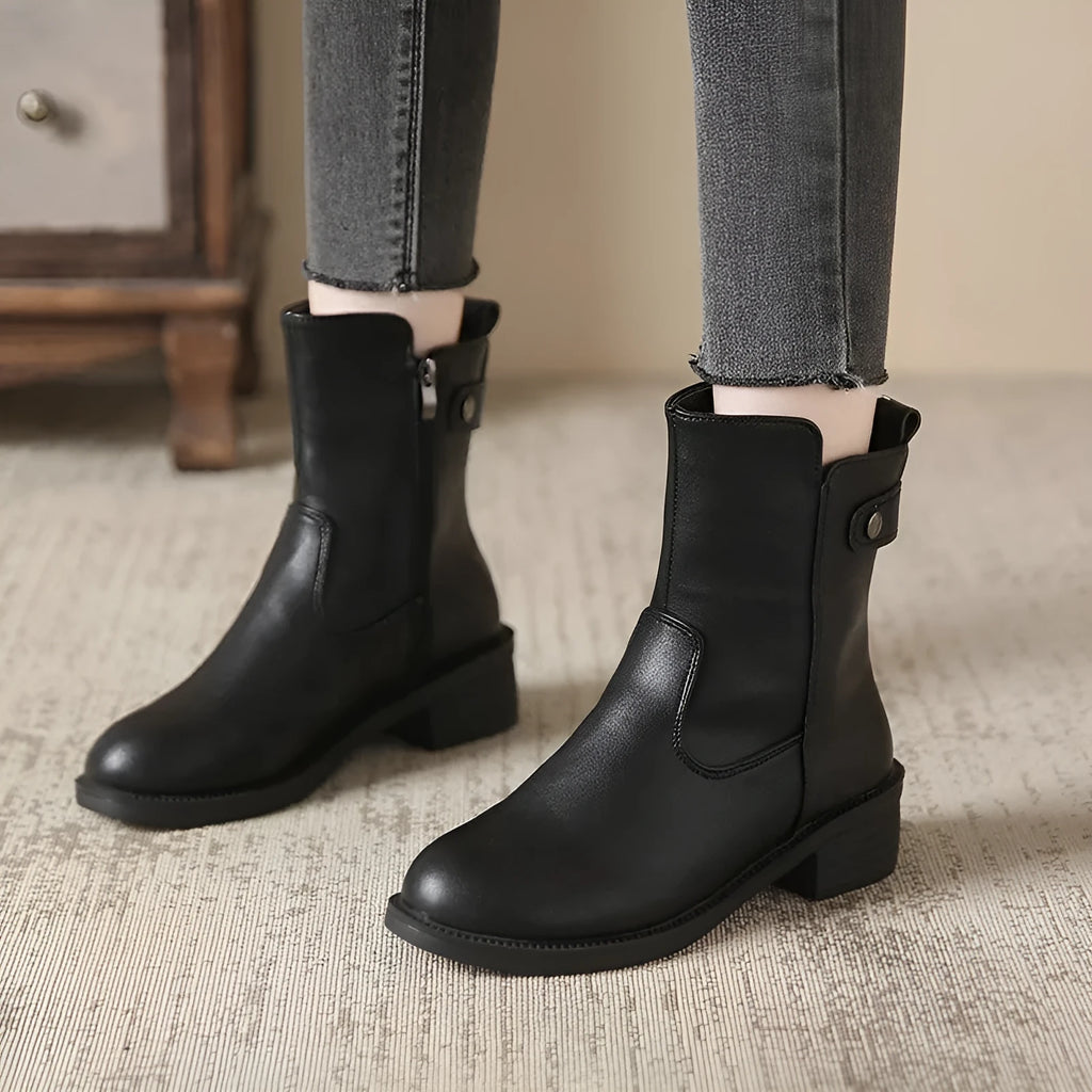 Black women's short boots with side zipper and low heel