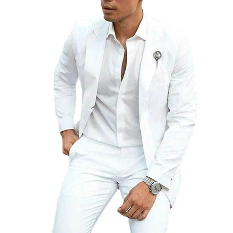 White slim-fit men's two-piece wedding suit with jacket and trousers