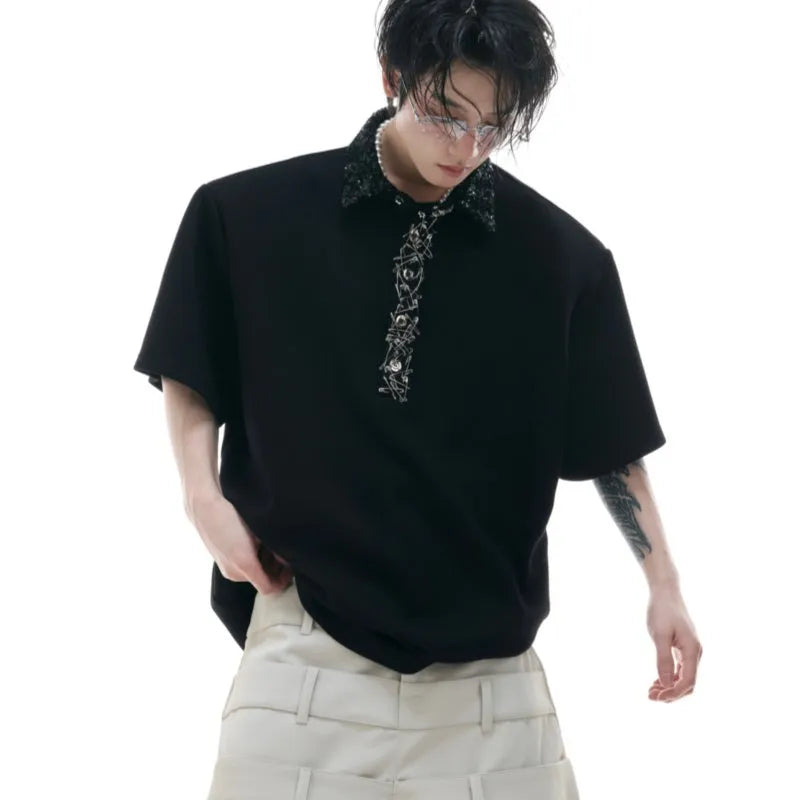 Men's loose polo shirt with embroidery sequins on square collar and short sleeves in black, grey, or white