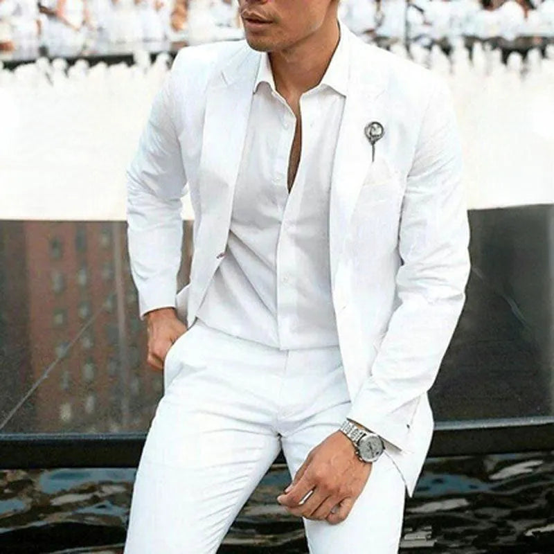 White slim-fit men's two-piece wedding suit with jacket and trousers