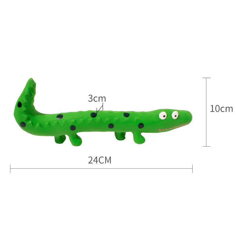Green cartoon lizard shaped dog chew toy with squeaker measuring 24x10x3cm