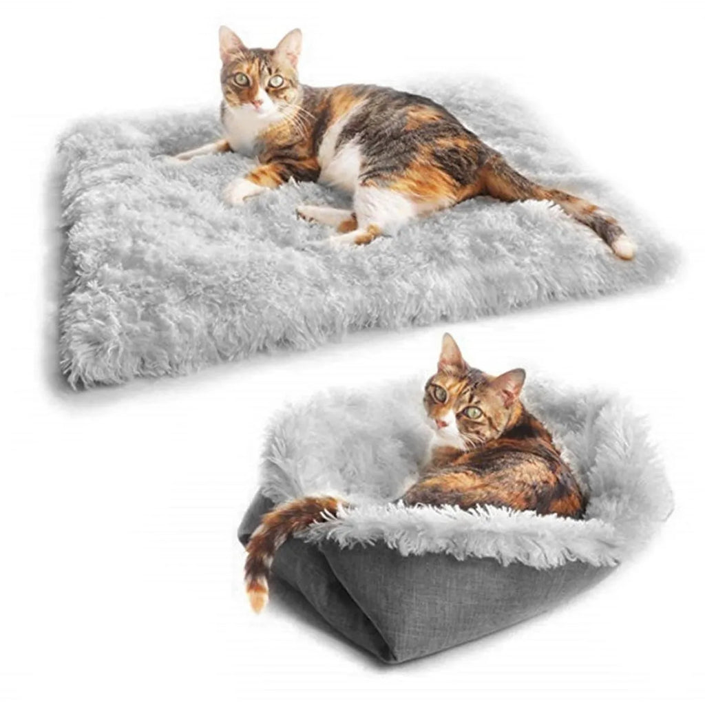 Grey pet plush sleeping pad measuring 61cm by 51cm with a black non-slip bottom.