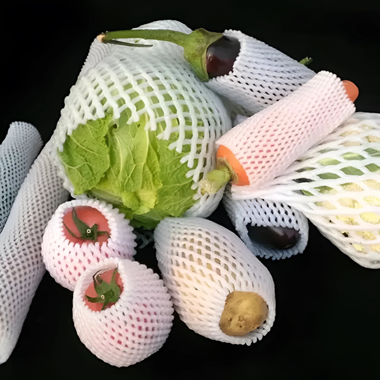 White foam fruit net cover shown with size options for shockproof fruit protection