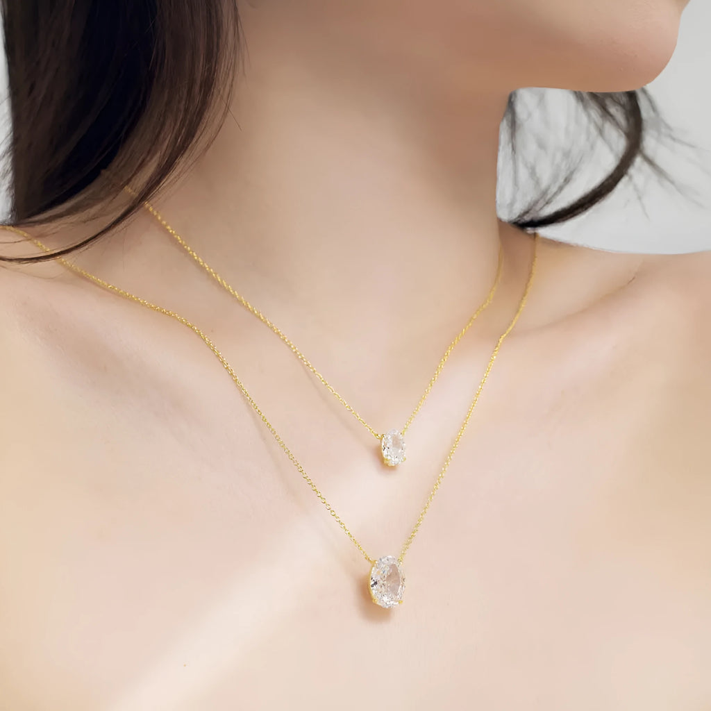 Sterling silver necklace with geometric oval ice flower pendant in gold or platinum plating