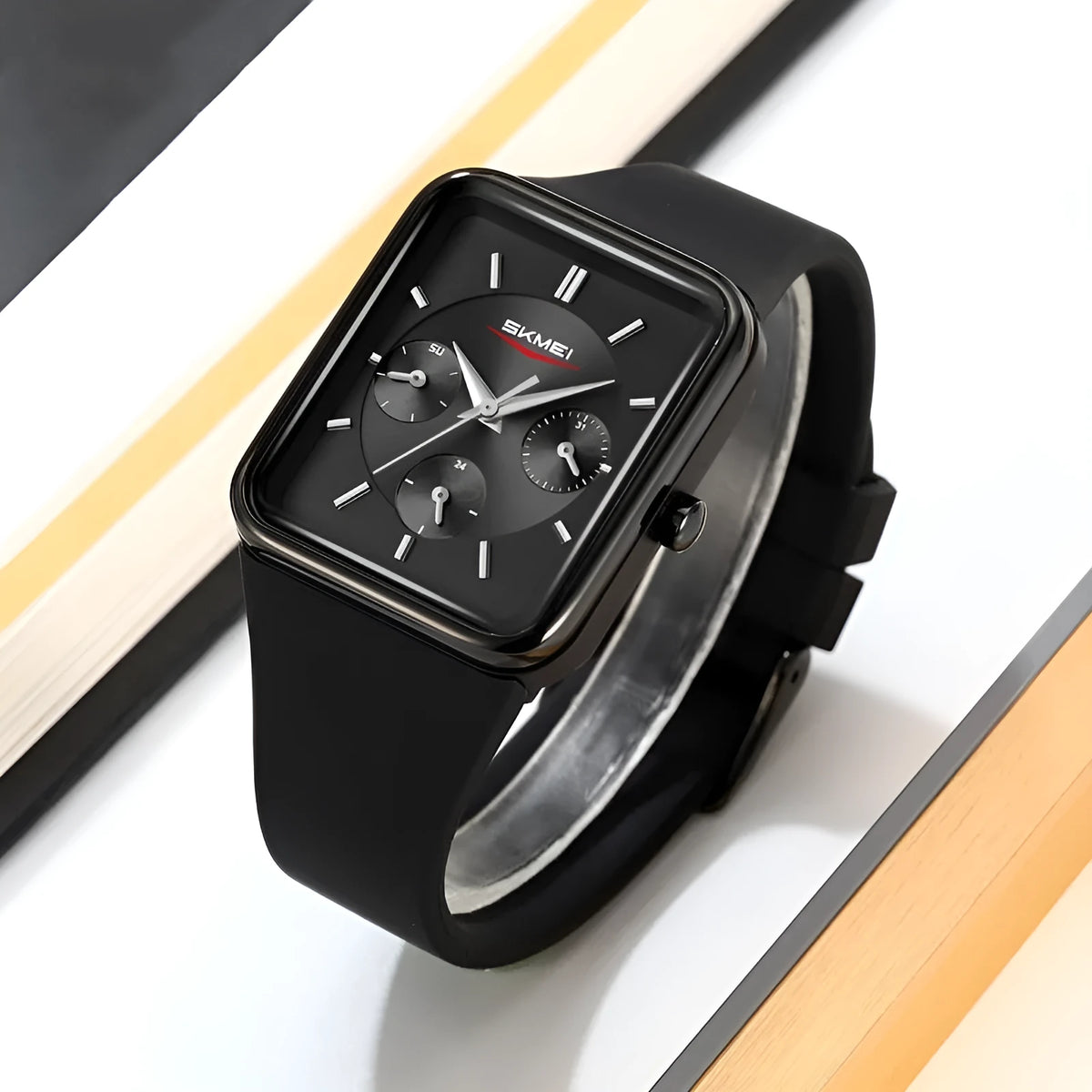 Square silicone waterproof watch for girls showing multiple colour options including white rose gold and black blue