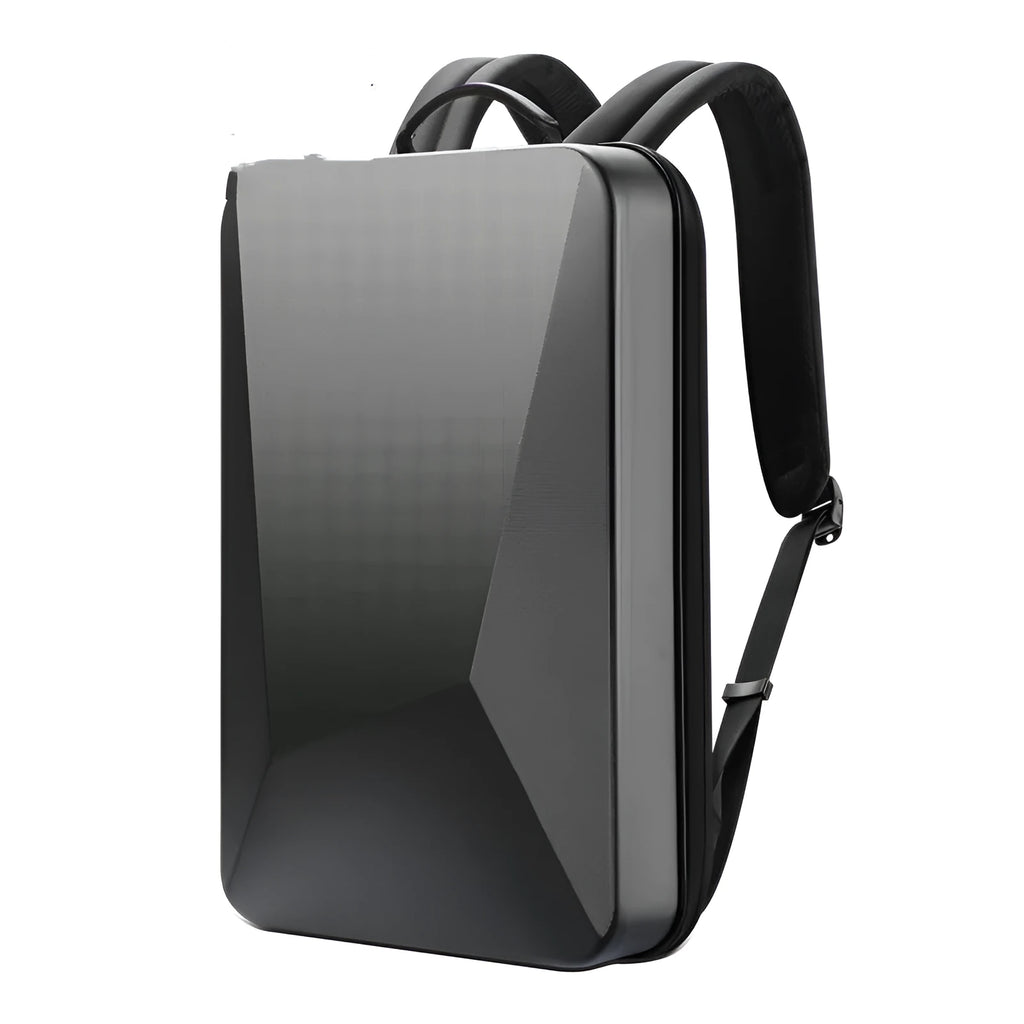 Men's PC hard shell gaming backpack in black, showing front view with straps and urban style design.