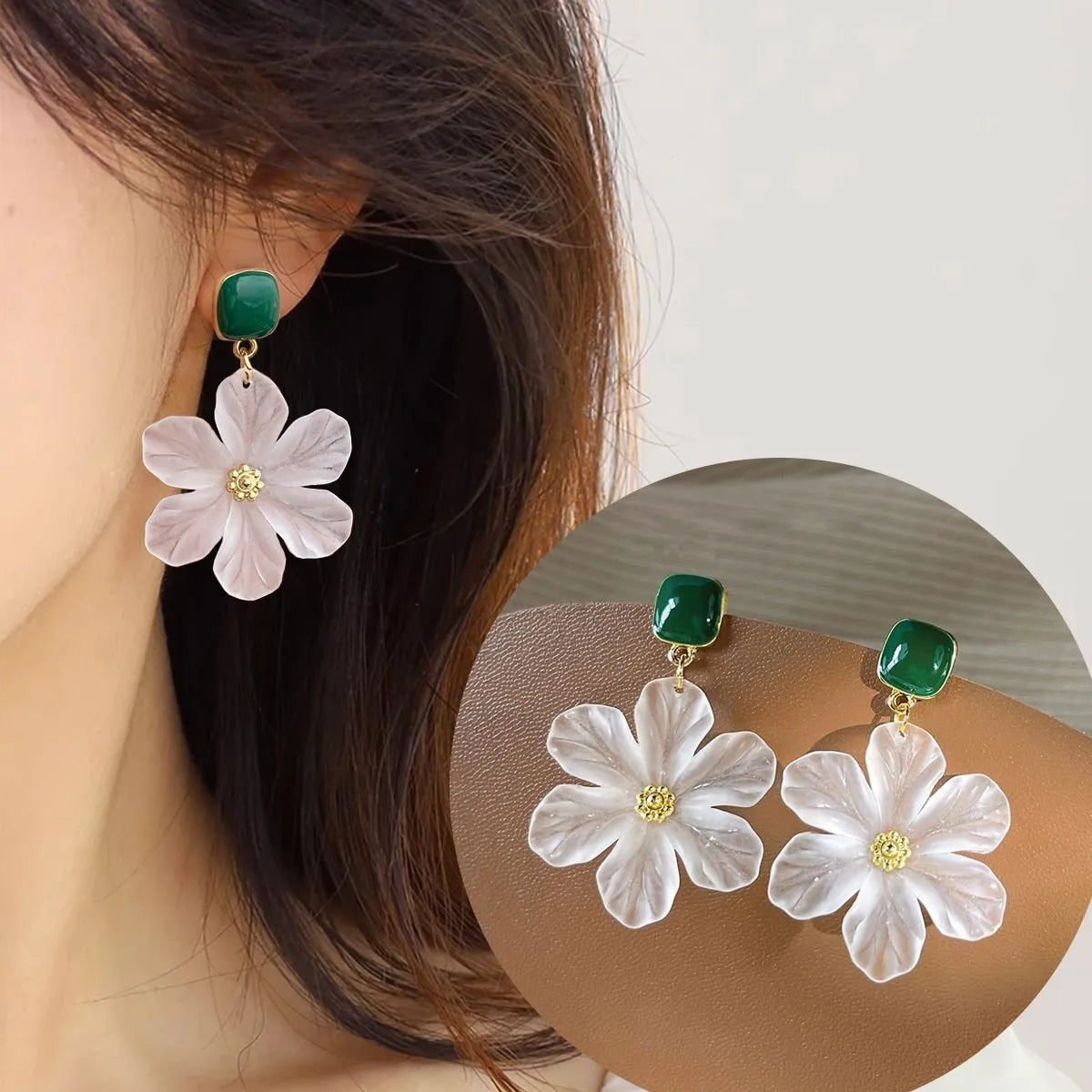 Dark green alloy needle flowers sweet drop earrings for women with floral design