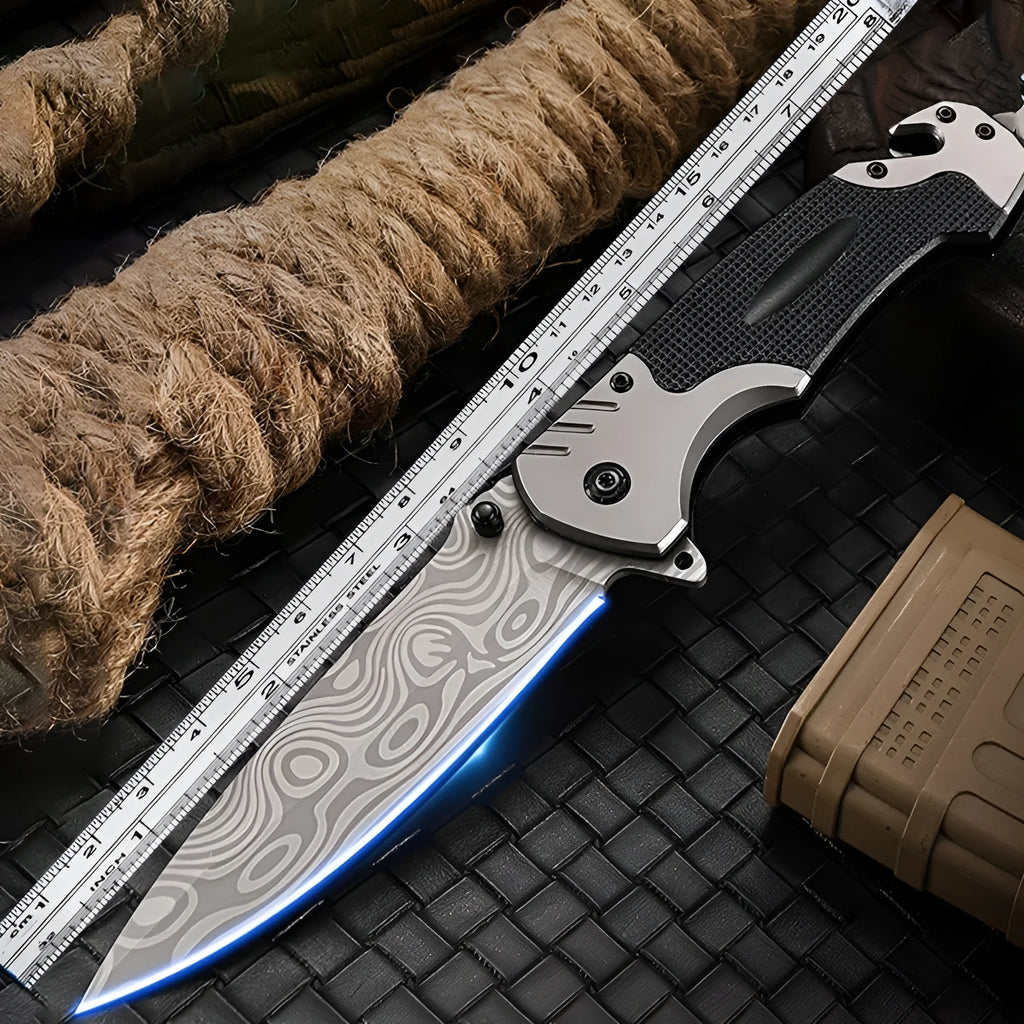 Alloy folding knife extended to 225mm length with choice of no grain or patterned handle styles