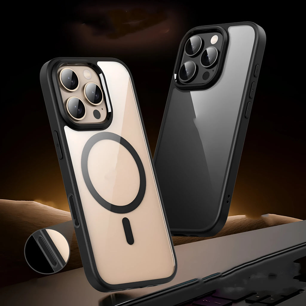 Black transparent magnetic iPhone 16 phone case with airbag drop protection shown on mobile phone