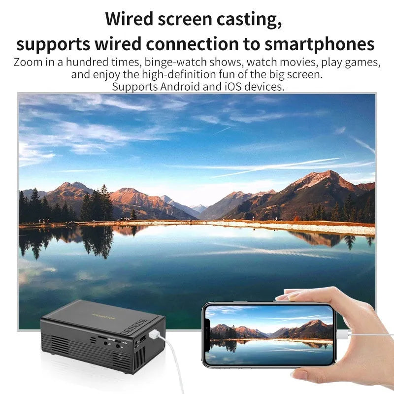 Black portable mini projector with wired mobile connection and power cable