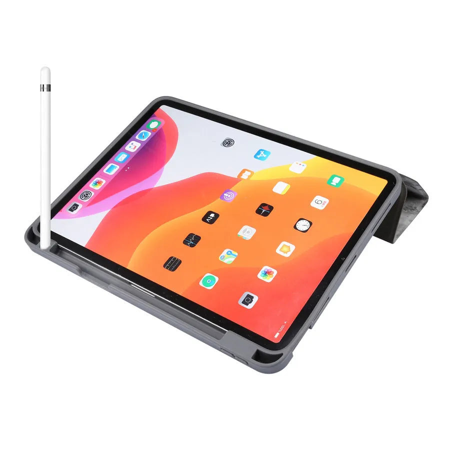 iPad tri-fold marbling imitation leather case with pen slot and card holder in multiple colours.