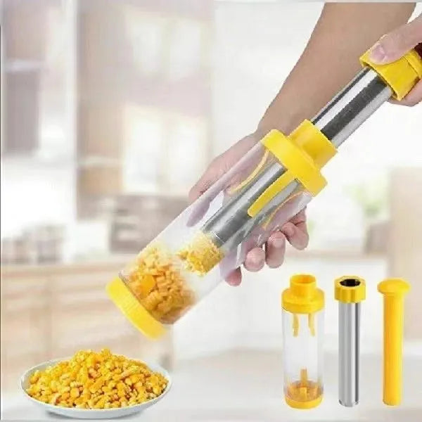 Yellow cylindrical corn stripper kitchen tool with ABS and stainless steel construction.