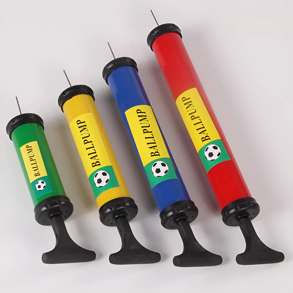 Plastic manual hand pump for inflating sports balls and balloons, shown in mixed colour.