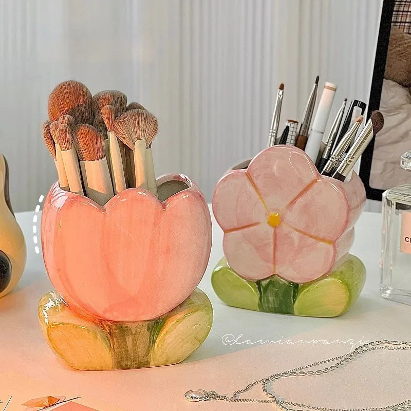 Ceramic flower pen holder storage box with floral pattern in blue, pink, or purple designs