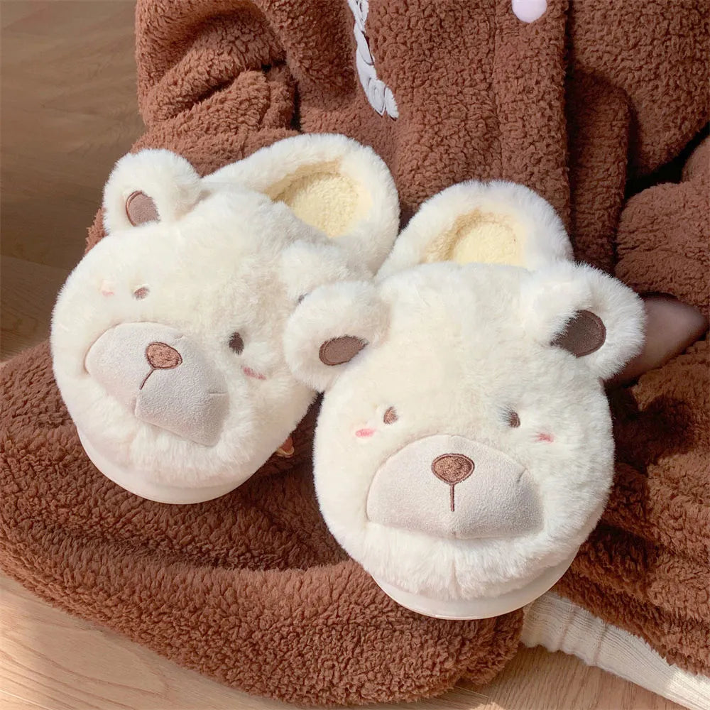 Cartoon-patterned women's suede plush slippers in milky white colour with round-toe design